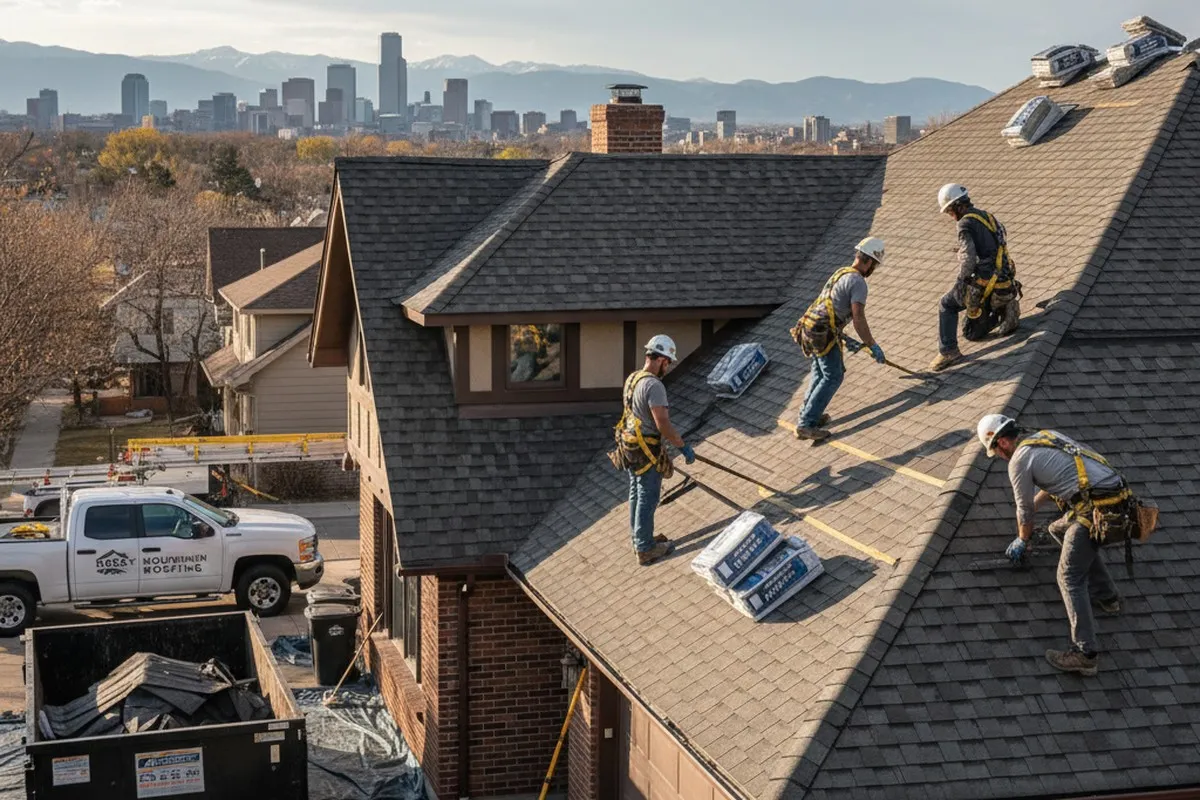 Professional roof repair crew restoring Denver, CO home roof for vinyl siding and exterior durability