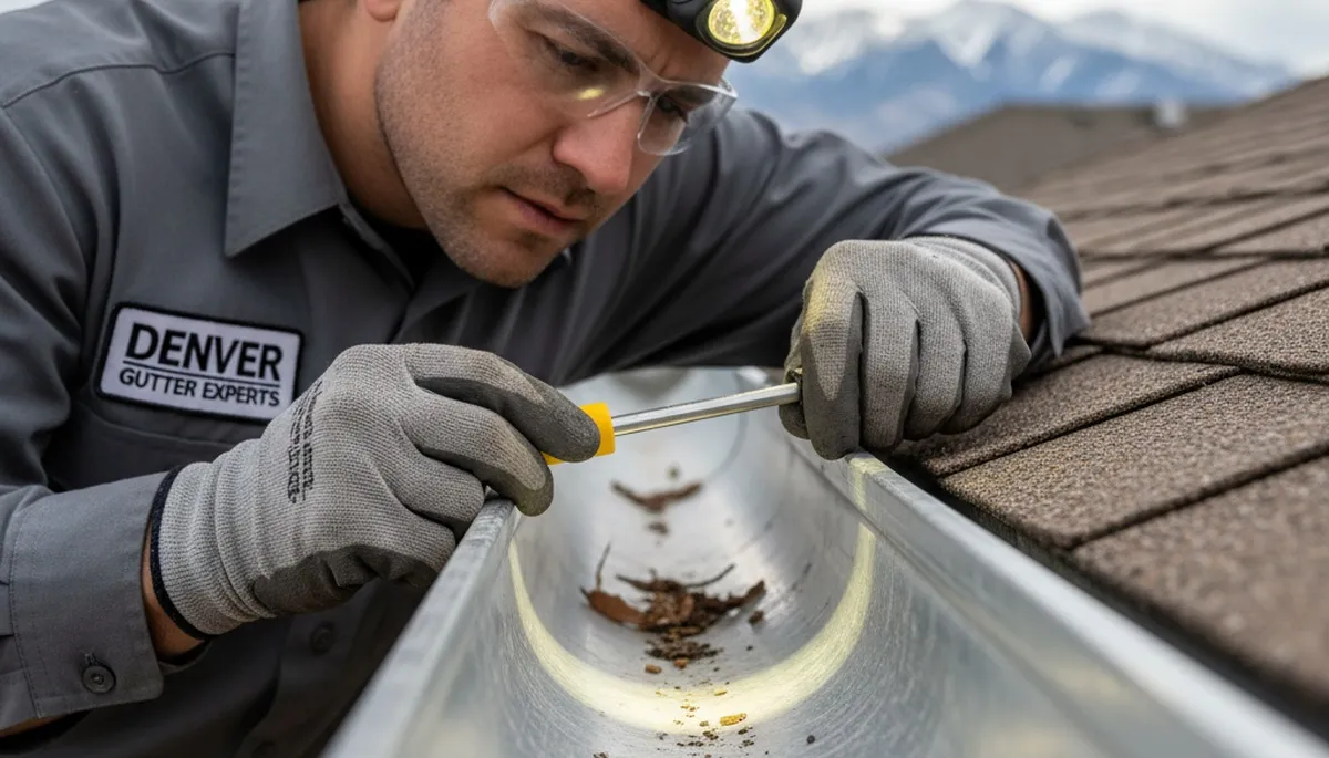 Technician inspecting gutter joints and fasteners for damage on Denver CO home exterior siding system
