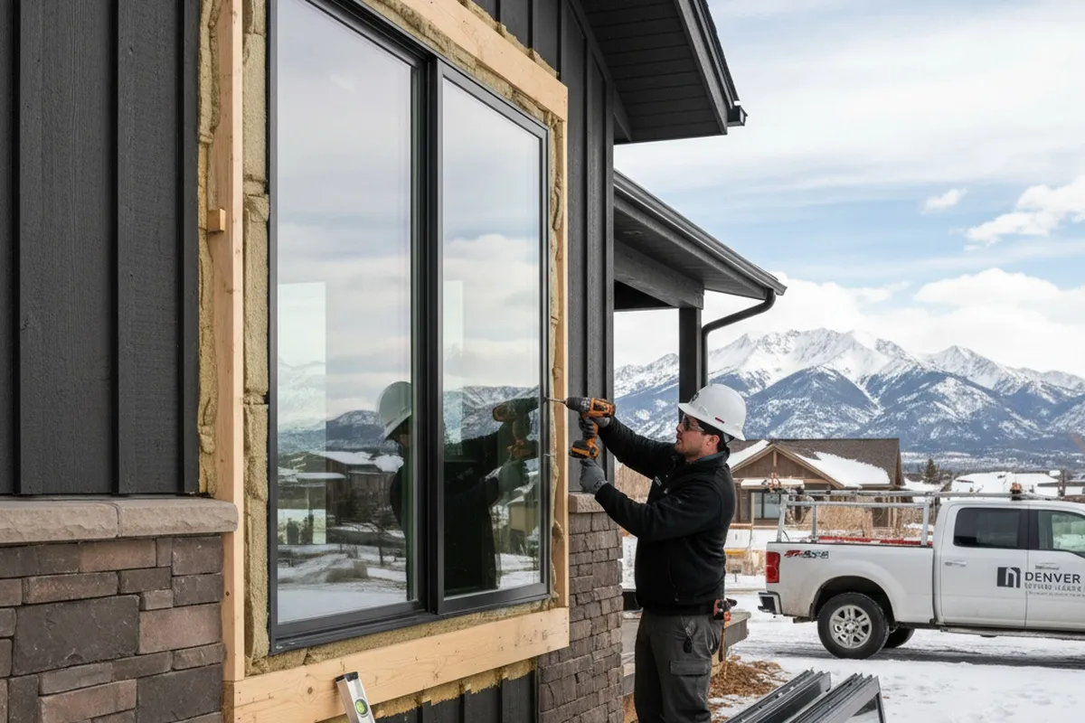 Technicians installing energy-efficient windows at a Denver CO home for Next Level Exteriors vinyl siding service