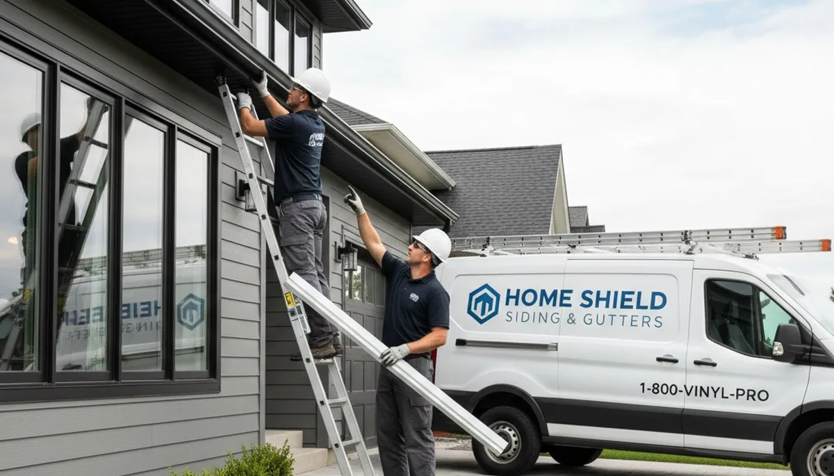 Technician repairing residential gutters on vinyl-sided home in Denver, CO